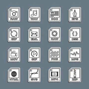 Set line ZIP file document, MP3, CSS, DOC, EML, GIF, RAW and  icon. Vector Stock Illustration