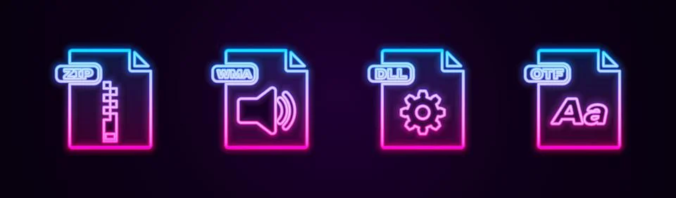 Set line ZIP file document, WMA, DLL and OTF. Glowing neon icon. Vector Stock Illustration
