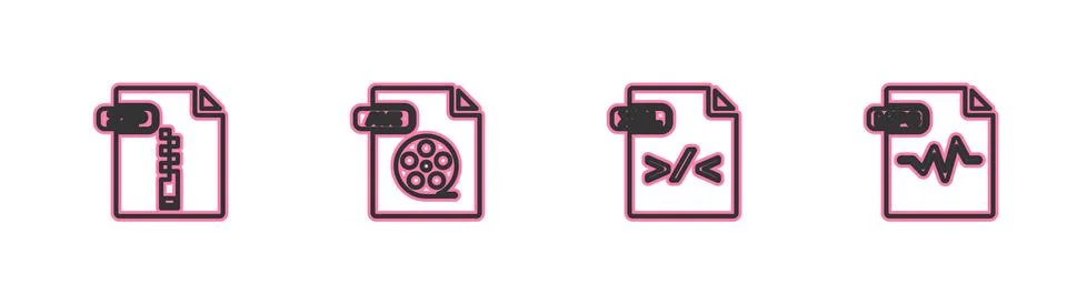 Set line ZIP file document, XSL, AVI and MP3 icon. Vector Stock Illustration