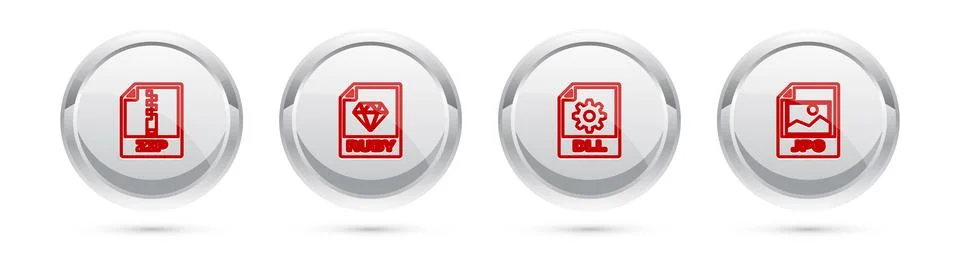 Set line ZIP file document, RUBY, DLL and JPG. Silver circle button. Vector Ilustración de archivo