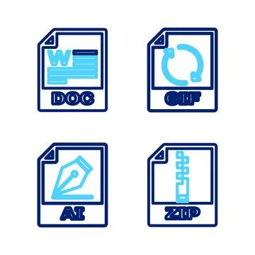 Set line ZIP file document, AI, GIF and DOC icon. Vector Stock Illustration