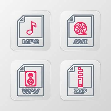 Set line ZIP file document, WAV, AVI and MP3 icon. Vector Stockillustratie