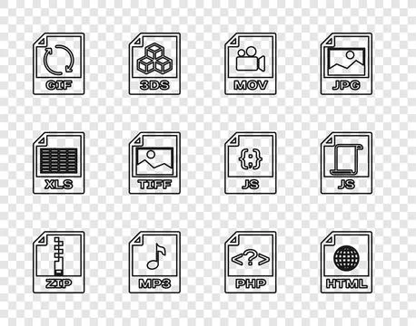 Set line ZIP file document, HTML, MOV, MP3, GIF, TIFF, PHP and JS icon. Vecto Stock Illustration