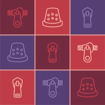 Set line Zipper, and Thimble for sewing icon. Vector Stockillustratie