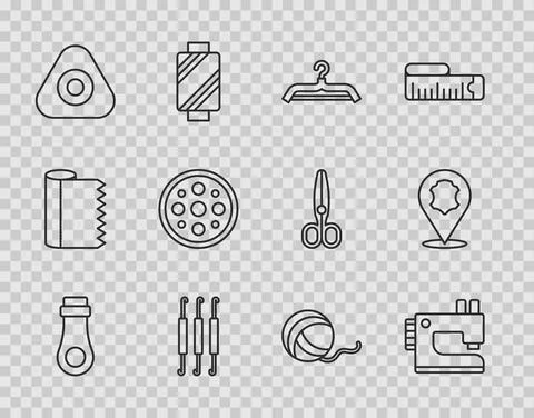 Set line Zipper, Sewing machine, Hanger wardrobe, Crochet hook, chalk, button Stock Illustration