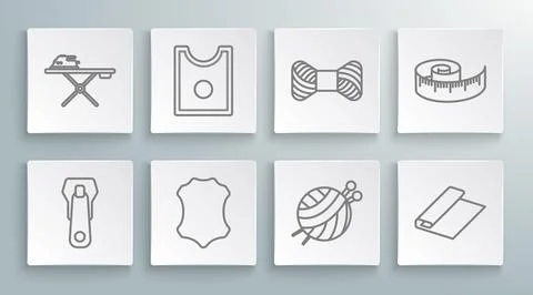 Set line Zipper, Sewing Pattern, Leather, Yarn ball with knitting needles Illustrazione stock