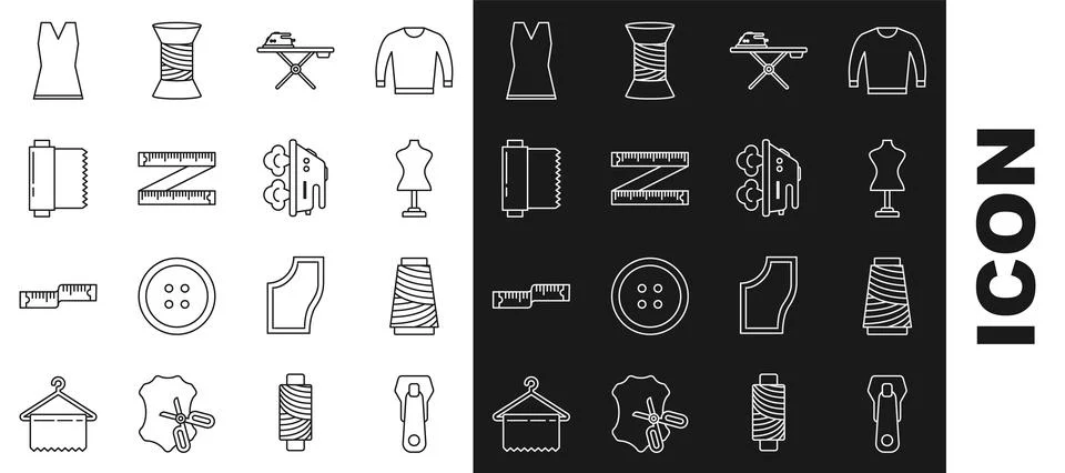 Set line Zipper, Sewing thread on spool, Mannequin, Electric iron and ironing 库存插图