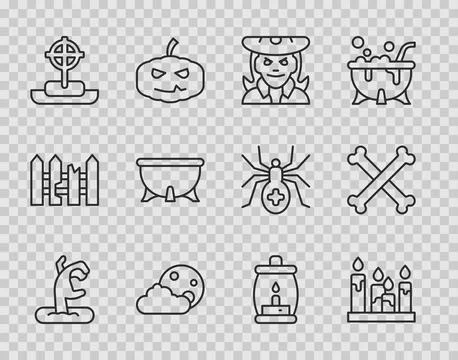 Set line Zombie hand, Burning candle, Witch, Moon stars, Tombstone with cross Stock Illustration