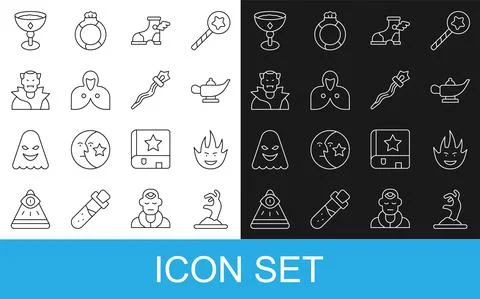 Set line Zombie hand, Fire flame, Magic lamp or Aladdin, Hermes sandal, Mantle Stock-Illustration