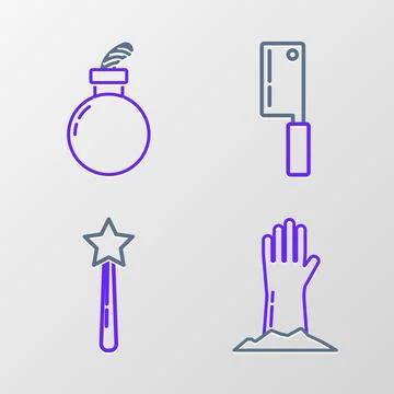 Set line Zombie hand, Magic wand, Meat chopper and Bomb ready to explode icon Stock Illustration