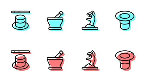 Set line Zombie hand, Magic hat wand, Mortar pestle and icon. Vector Stock-Illustration