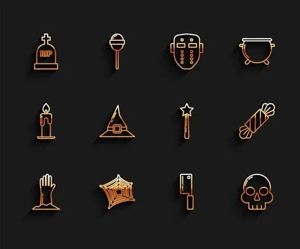 Set line Zombie hand, Spider web, Tombstone with RIP, Meat chopper, Skull, Witch Stock-Illustration