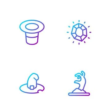 Set line Zombie hand, Witch hat, Magic and stone. Gradient color icons. Vecto Stock Illustration