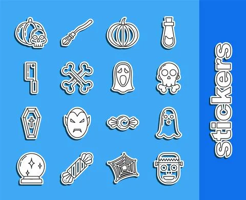 Set line Zombie mask, Ghost, Skull on crossbones, Pumpkin, Crossed, Meat chopper Stock-Illustration
