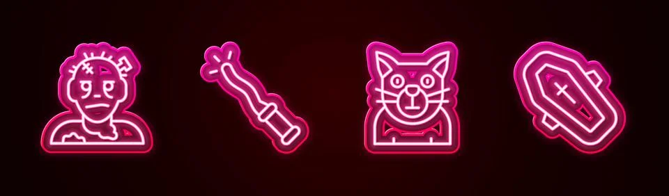 Set line Zombie mask, Magic wand, Cat and Coffin with cross. Glowing neon icon Illustrazione stock
