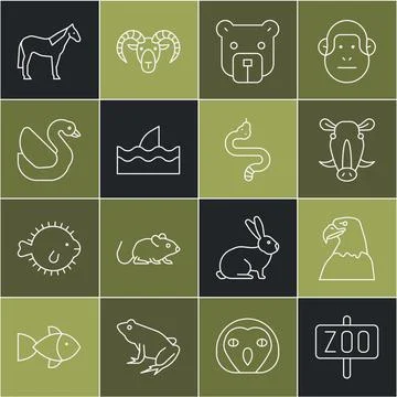 Set line Zoo park, Eagle head, Wild boar, Bear, Shark fin in ocean wave, Swan Stock Illustration