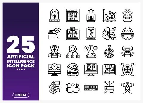 A set of lineal artificial intelligence icons in a grid layout with a purpl.. Illustration
