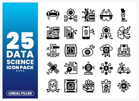 Set of lineal filled data science icons on a blue gradient background with .. Stock Illustration