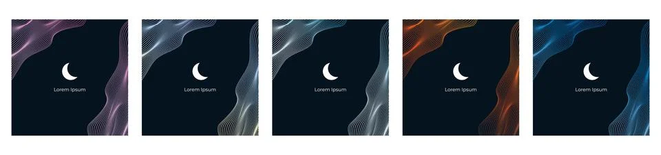 Set Linear abstract waves on a dark background, the moon on a background of wavy Stock Illustration