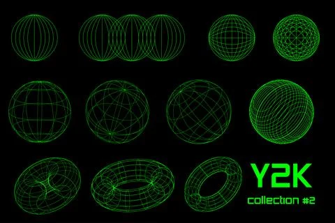 Set linear black geometric neon acid green frame figure y2k, 3d . Vector fo.. Stock Illustration