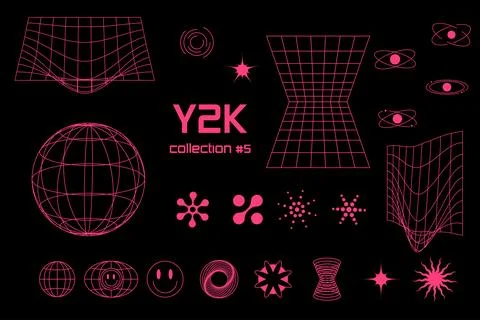 Set linear black geometric  planet neon acid pink frame figure y2k, 3d . Ve.. Stock Illustration