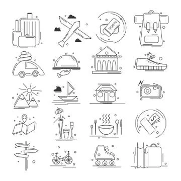 Set of linear black simple icons composed on white background and showing Illustrazione stock