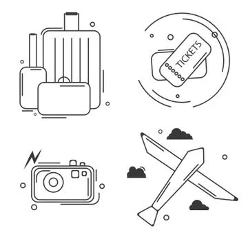 Set of linear black simple icons composed on white background and showing Stock Illustration