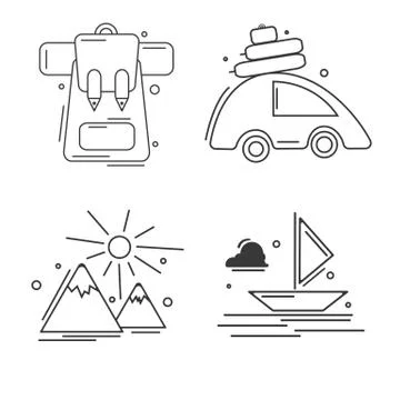 Set of linear black simple icons composed on white background and showing Stock Illustration