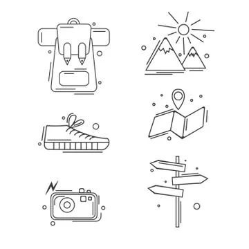 Set of linear black simple icons composed on white background and showing Stock Illustration