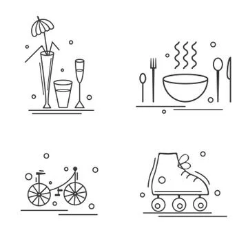 Set of linear black simple icons composed on white background and showing Stock Illustration