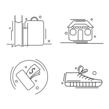 Set of linear black simple icons composed on white background and showing Stock Illustration