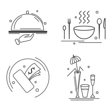 Set of linear black simple icons composed on white background and showing Stock Illustration