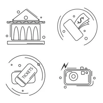 Set of linear black simple icons composed on white background and showing Stock Illustration