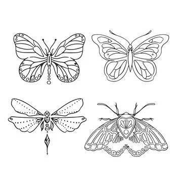 Set of linear butterflies monochrome vector illustration Stock Illustration