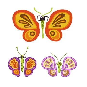 Set linear butterfly bright colored childish cartoon style vector illustratio Stock Illustration