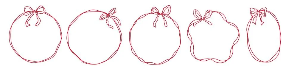 Set of linear circle frames with ribbon and bows with wavy thin lines and copy 스톡 일러스트