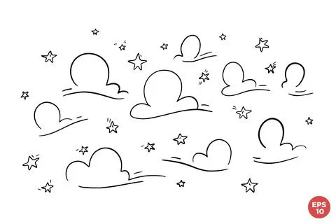 A set of linear clouds and stars on a white isolated background. Vector hand  Stock Illustration