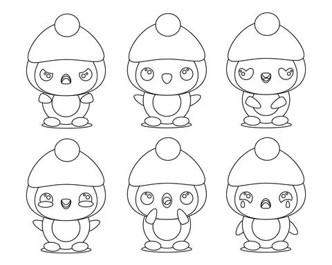 Set of linear cute penguin with different emotions Stock Illustration