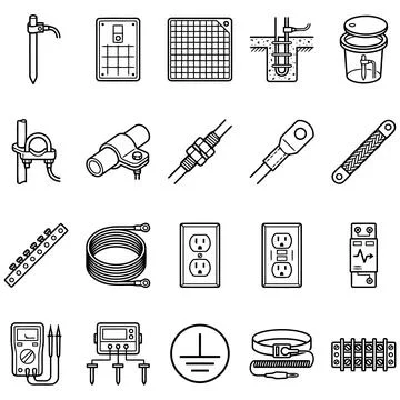Set of linear electrical grounding and power installation icons for technic.. Stock Illustration