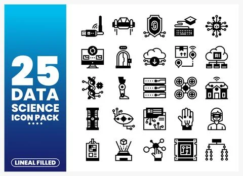 Set of linear filled data science and AI icons on a blue gradient background. Stock Illustration