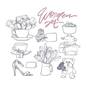 Set of linear flowers and present. 8th march. Happy women day. Illustrations  Stock Illustration