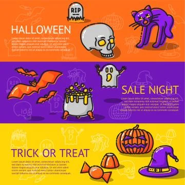 Set of linear Halloween banners - with cat, bats, skull. Vector Stock Illustration