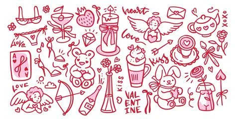 Set of linear hand drawn coquette elements for Valentines day, wedding 스톡 일러스트