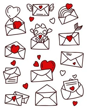 Set of linear hand drawn doodles. envelopes, letters with love and hearts, arrow Stock Illustration