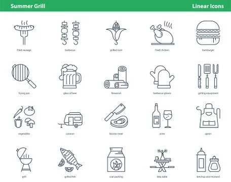 Set of linear icons for summer grill Stock Illustration