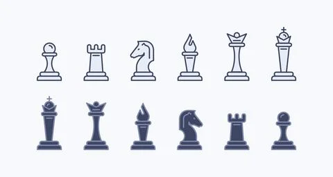 Set of linear icons on a white background, types of chess pieces Stock Illustration
