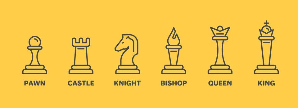 Set of linear icons on a yellow background, types of chess pieces Stock Illustration