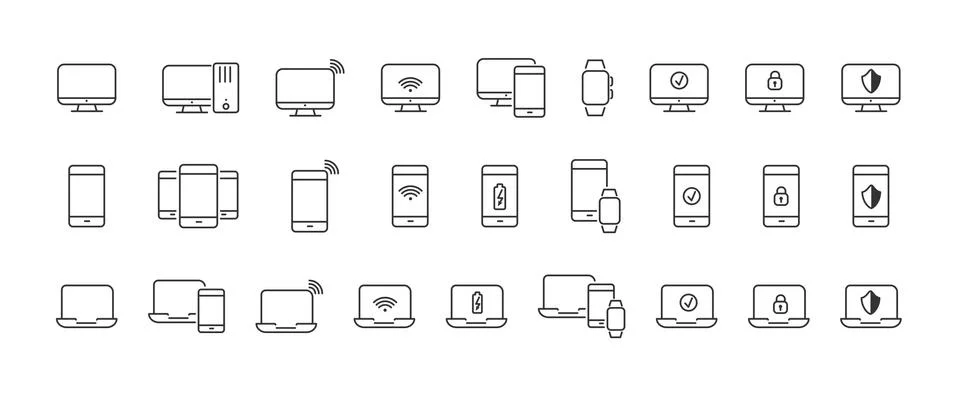 Set of linear icons for your computer and mobile device. Empty outline isolat Stockillustratie