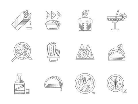 Set of linear mexican food vector icons Stock Illustration