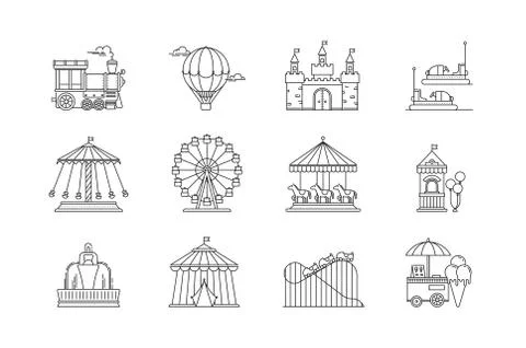 Set of linear park icons vector flat elements. Amusement park objects isolated Ilustración de archivo